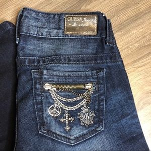 Dark Wash Skinny Jeans Pocket Details Cross Sz 27